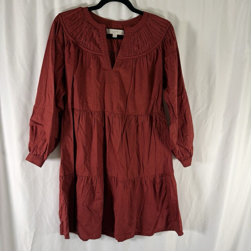LOFT Mini Dress Women's XSP Petite Rust Orange V-Neck Long Sleeve Tiered
